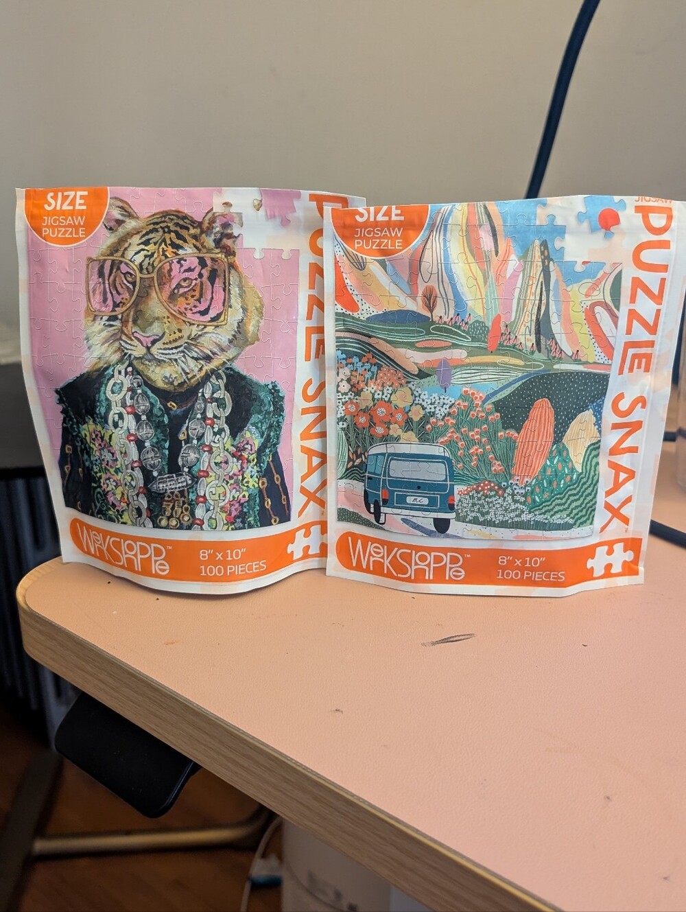 Set Of 2 Werkshoppe PuzzleSnax 100-Piece Colorful Tiger & Scenic Van Puzzles